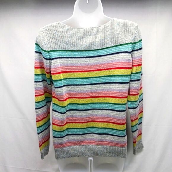 T by Talbots Gray Rainbow Stripe Boatneck Sweater Cotton Blend Small - Picture 2 of 8